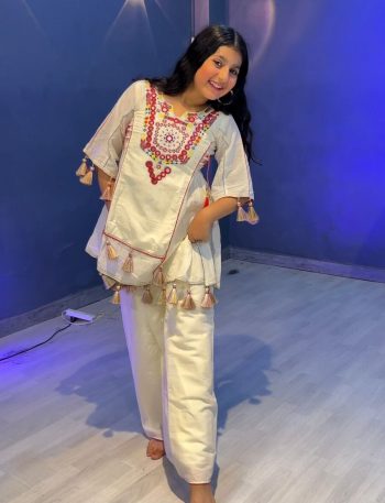 DESIGNER KHADI COTTON EMBROIDERY SEQUENCE WORK WITH REAL MIRROR WORK KID'S TOP PALAZZO SET OF WHITE