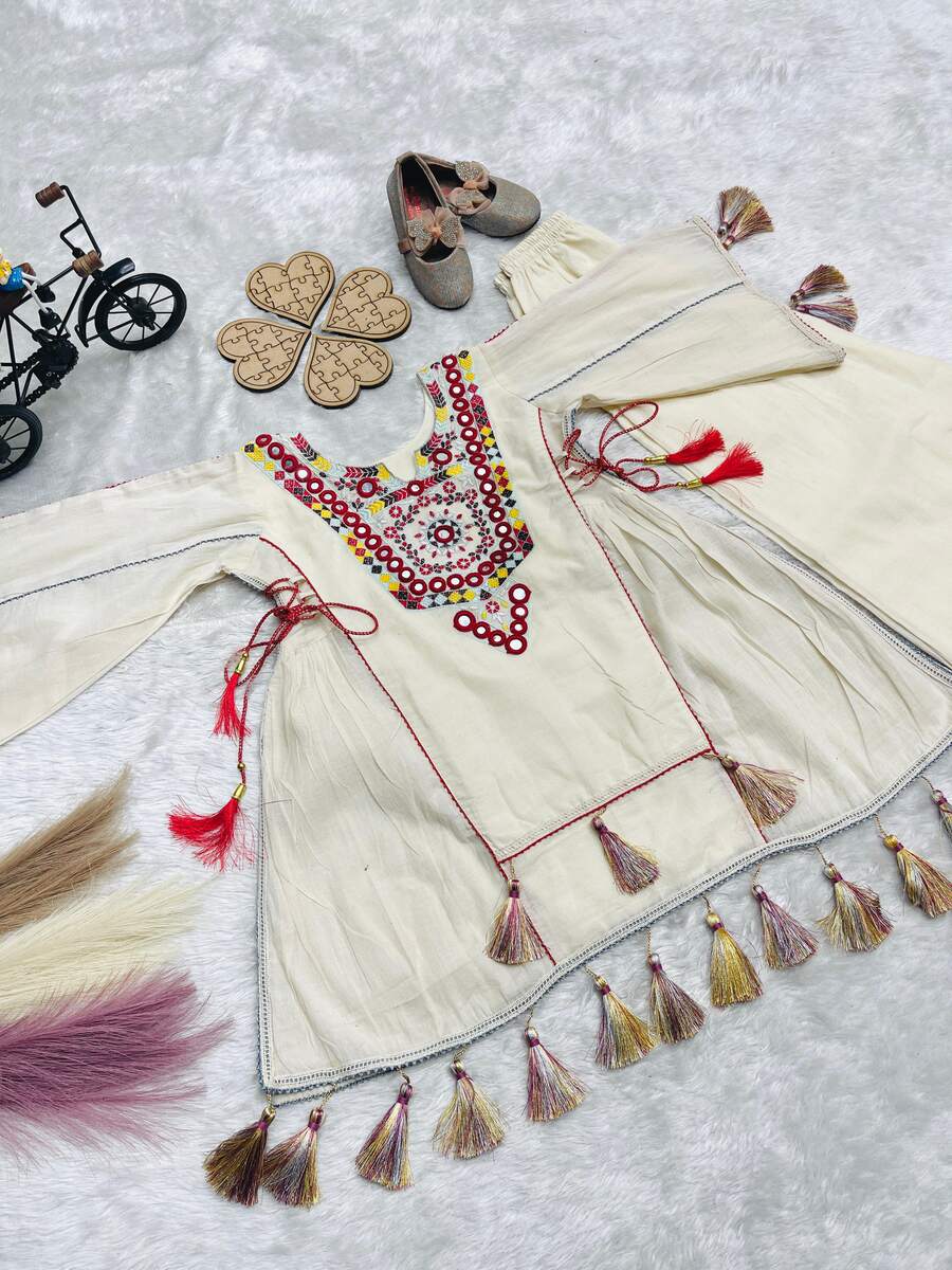 DESIGNER KHADI COTTON EMBROIDERY SEQUENCE WORK WITH REAL MIRROR WORK KID'S TOP PALAZZO SET FESTIVE WEAR WHOLESALE PRICE ETHNIC GARMENT (9)