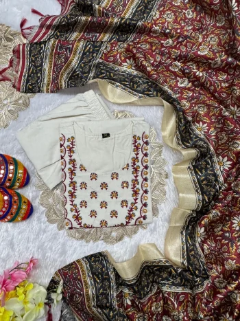 DESIGNER KHADI COTTON EMBROIDERY WORK TOP BOTTOM WITH DUPATTA OFF WHITE AND MAROON