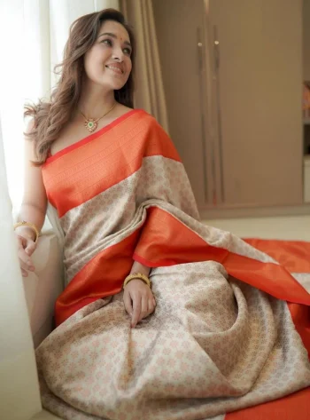 DESIGNER LICHI SILK JACQUARD WORK SAREE WITH UNSTITCHED BLOUSE OFF WHITE AND ORANGE