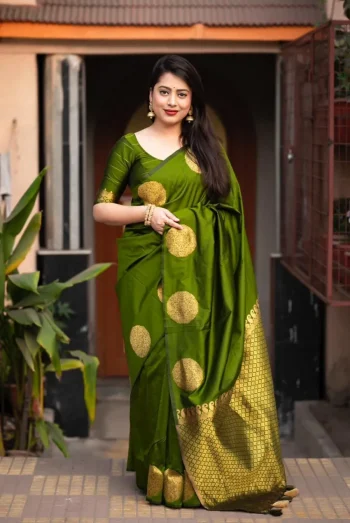 DESIGNER LICHI SILK JACQUARD WORK SAREE WITH UNSTITCHED BLOUSE MEHNDI