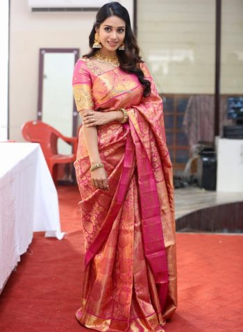 DESIGNER LICHI SILK JACQUARD WORK SAREE WITH UNSTITCHED BLOUSE PINK