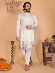 DESIGNER LINEN COTTON EMBROIDERY SEQUENCE WORK MEN'S KURTA PAYJAMA WHITE