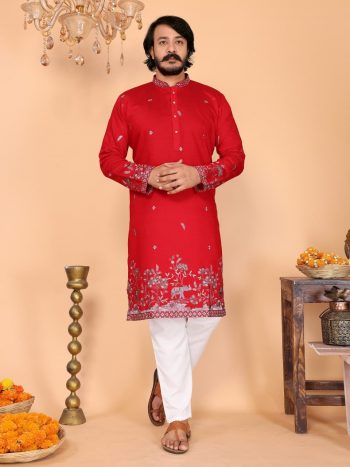DESIGNER LINEN COTTON EMBROIDERY SEQUENCE WORK MEN'S KURTA PAYJAMA RED