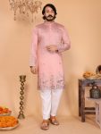DESIGNER LINEN COTTON EMBROIDERY SEQUENCE WORK MEN'S KURTA PAYJAMA PEACH