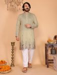 DESIGNER LINEN COTTON EMBROIDERY SEQUENCE WORK MEN'S KURTA PAYJAMA CREAM