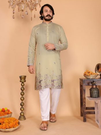 DESIGNER LINEN COTTON EMBROIDERY SEQUENCE WORK MEN'S KURTA PAYJAMA CREAM