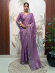 DESIGNER MOSS SILK SWAROWSKI &CUT WORK READY TO WEAR SAREE WITH STITCHED BLOUSE LAVENDER