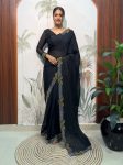 DESIGNER MOSS SILK SWAROWSKI &CUT WORK READY TO WEAR SAREE WITH STITCHED BLOUSE BLACK