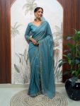 DESIGNER MOSS SILK SWAROWSKI &CUT WORK READY TO WEAR SAREE WITH STITCHED BLOUSE PARTY WEAR WHOLESALE PRICE ETHNIC GARMENT (14)