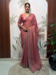 DESIGNER MOSS SILK SWAROWSKI &CUT WORK READY TO WEAR SAREE WITH STITCHED BLOUSE PEACH
