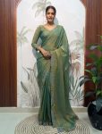 DESIGNER MOSS SILK SWAROWSKI &CUT WORK READY TO WEAR SAREE WITH STITCHED BLOUSE MINT