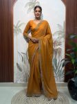 DESIGNER MOSS SILK SWAROWSKI &CUT WORK READY TO WEAR SAREE WITH STITCHED BLOUSE YELLOW