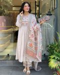 DESIGNER MUL CHANDERI PRINT WITH EMBROIDERY WORK TOP BOTTOM WITH DUPATTA OFF WHITE
