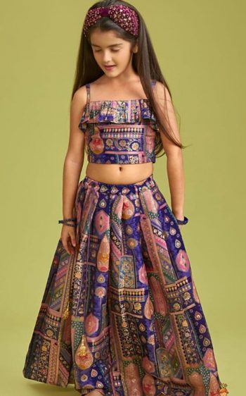 DESIGNER MUL MUL SILK DESIGNER PRINT WORK KID'S LEHENGA CHOLI WITH DUPATTA BLUE