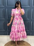 DESIGNER MUSLIN COTTON PRINT WORK AND STYLISH 3 LAYER PATTERN WORK ONE PIECE PINK