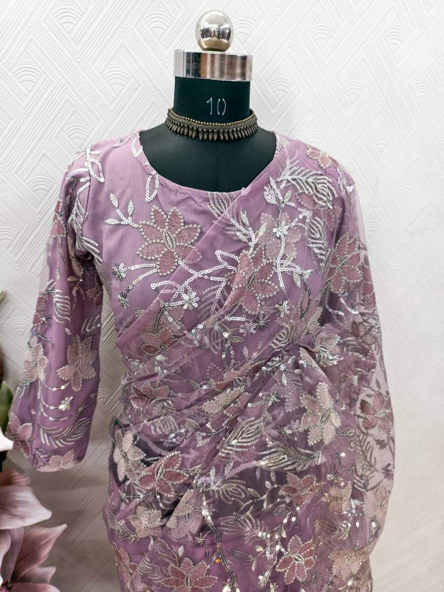 DESIGNER NATURAL SILK AND SOFT NET EMBROIDERY SEQUENCE WORK READY TO WEAR SAREE WITH STITCHED BLOUSE PARTY WEAR WHOLESALE PRICE ETHNIC GARMENT (2)