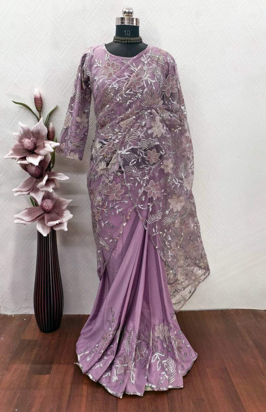 DESIGNER NATURAL SILK AND SOFT NET EMBROIDERY SEQUENCE WORK READY TO WEAR SAREE WITH STITCHED BLOUSE PARTY WEAR WHOLESALE PRICE ETHNIC GARMENT (3)