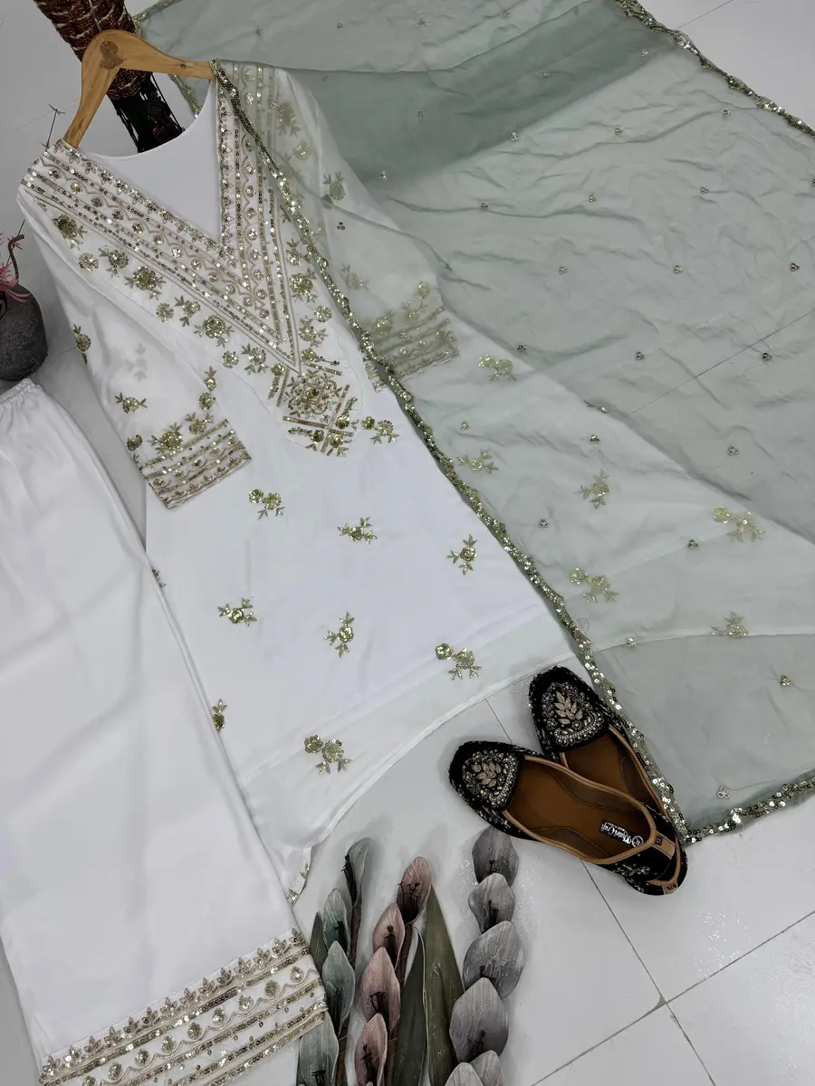 DESIGNER NATURAL SILK EMBROIDERY SEQUENCE WORK TOP PALAZZO WITH DUPATTA FESTIVE WEAR WHOLESALE PRICE ETHNIC GARMENT (1)