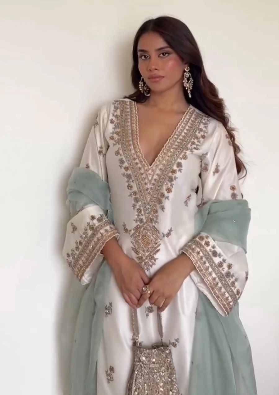 DESIGNER NATURAL SILK EMBROIDERY SEQUENCE WORK TOP PALAZZO WITH DUPATTA FESTIVE WEAR WHOLESALE PRICE ETHNIC GARMENT (2)