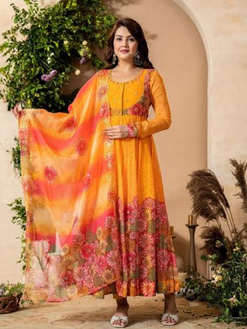 DESIGNER ORGANZA EMBROIDERY SEQUENCE WORK WITH DIGITAL PRINT WORK GOWN BOTTOM WITH DUPATTA YELLOW