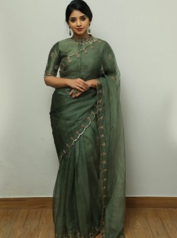 DESIGNER ORGANZA HANDWORK, CUTWORK WITH ZARDOSI AND SEQUENCE WORK SAREE WITH UNSTITCHED BLOUSE MEHNDI