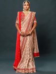 DESIGNER ORGANZA SILK EMBRODIERY VISCOSE THRED AND ZARI CODING WORK SAREE WITH UNSTITCHED BLOUSE CREAM AND RED