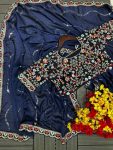 DESIGNER RANGOLI SILK EMBROIDERY SEQUENCE WITH MULTI THREAD WORK AND CUT WORK BORDER SAREE WITH STITCHED BLOUSE NAVY BLUE