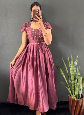 DESIGNER RANGOLI SILK MULTI-THREAD EMBROIDERY WORK ONE PIECE PEACH