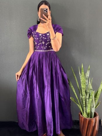 DESIGNER RANGOLI SILK MULTI-THREAD EMBROIDERY WORK ONE PIECE PURPLE