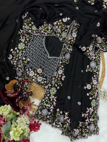 DESIGNER RANGOLI SILK SEQUENCE AND THREAD EMBROIDERY WORK SAREE WITH UNSTITCHED BLOUSE BLACK