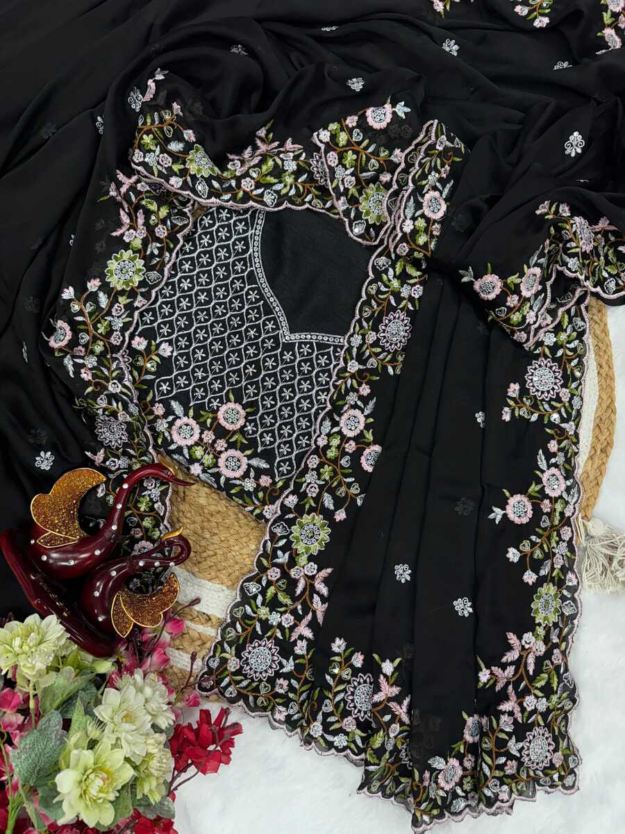 DESIGNER RANGOLI SILK SEQUENCE AND THREAD EMBROIDERY WORK SAREE WITH UNSTITCHED BLOUSE WEDDING WEAR WHOLESALE PRICE ETHNIC GARMENT (3)