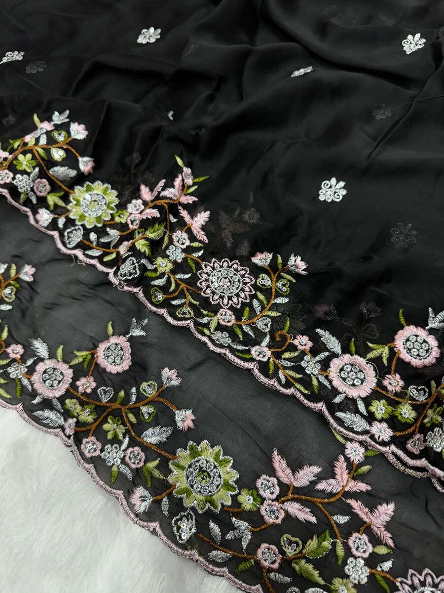 DESIGNER RANGOLI SILK SEQUENCE AND THREAD EMBROIDERY WORK SAREE WITH UNSTITCHED BLOUSE WEDDING WEAR WHOLESALE PRICE ETHNIC GARMENT (8)