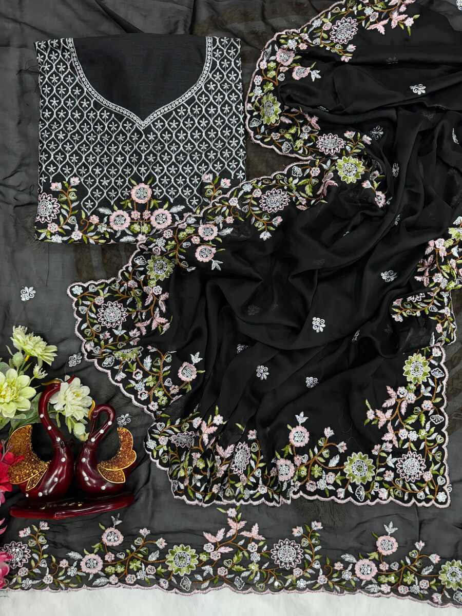 DESIGNER RANGOLI SILK SEQUENCE AND THREAD EMBROIDERY WORK SAREE WITH UNSTITCHED BLOUSE WEDDING WEAR WHOLESALE PRICE ETHNIC GARMENT (9)