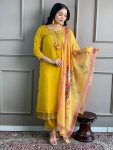DESIGNER ROMAN EMBROIDERY WORK TOP BOTTOM WITH DUPATTA  YELLOW