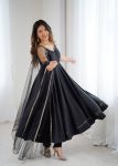 DESIGNER ROMAN SILK CHANDERI FANCY LACE WORK ANARKALI GOWN BOTTOM WITH DUPATTA BLACK (2)