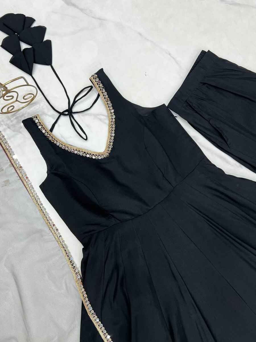DESIGNER ROMAN SILK CHANDERI FANCY LACE WORK ANARKALI GOWN BOTTOM WITH DUPATTA BLACK (11)