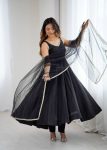 DESIGNER ROMAN SILK CHANDERI FANCY LACE WORK ANARKALI GOWN BOTTOM WITH DUPATTA BLACK (2)