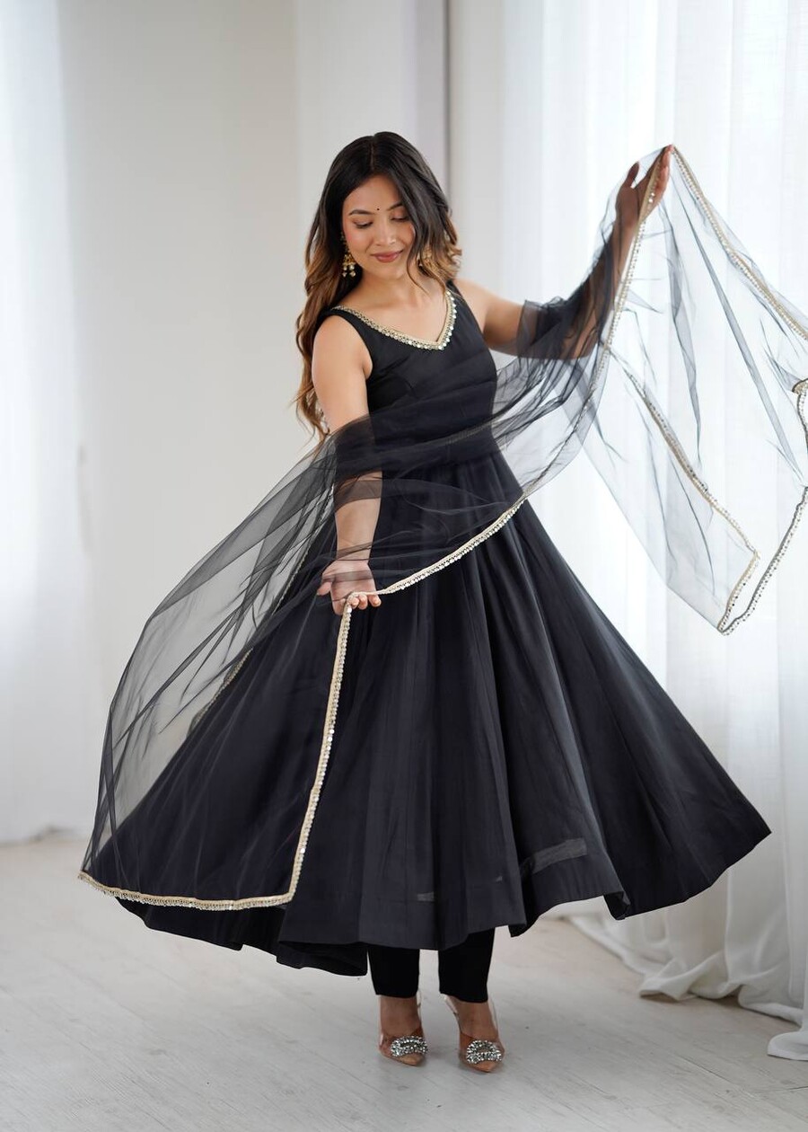 DESIGNER ROMAN SILK CHANDERI FANCY LACE WORK ANARKALI GOWN BOTTOM WITH DUPATTA BLACK (14)