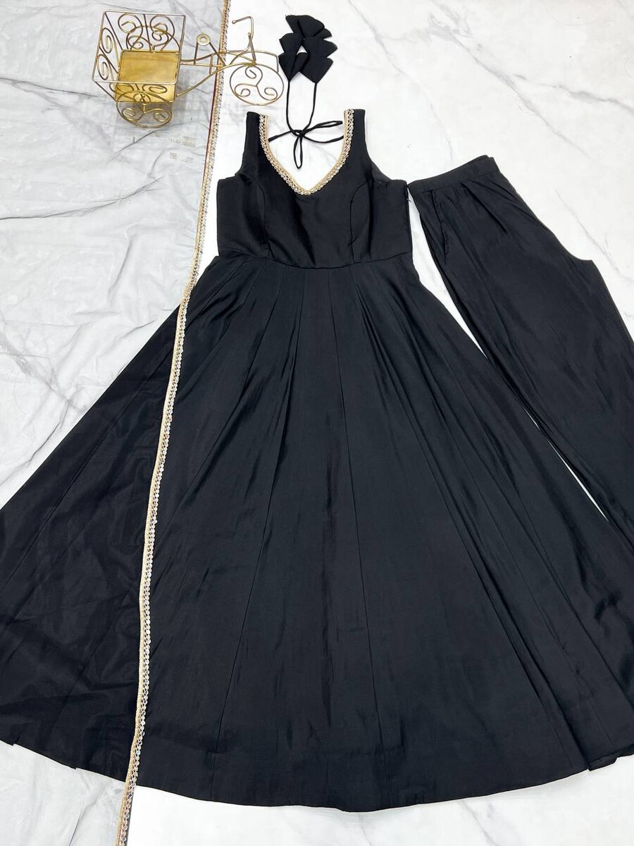 DESIGNER ROMAN SILK CHANDERI FANCY LACE WORK ANARKALI GOWN BOTTOM WITH DUPATTA BLACK (9)