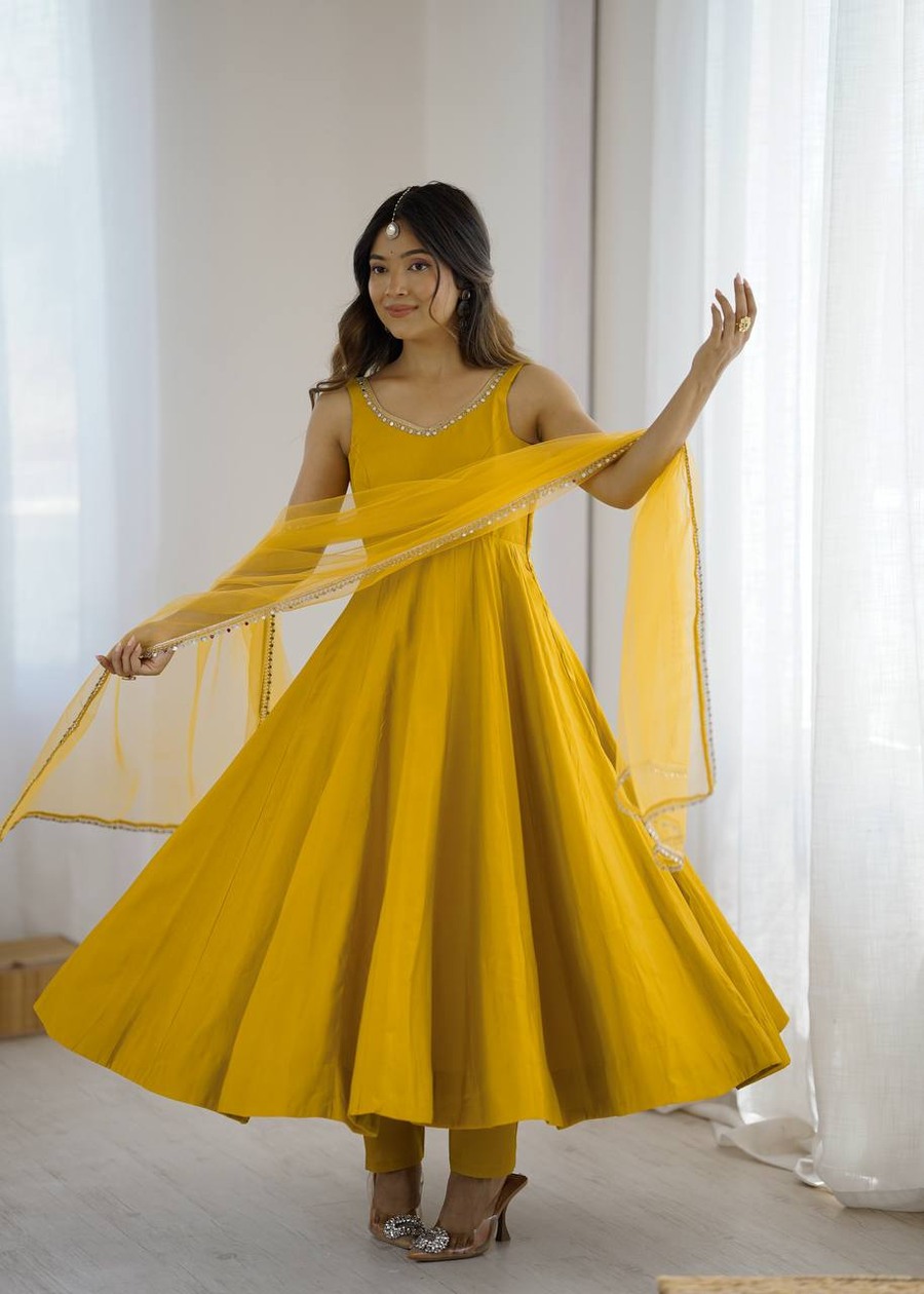 DESIGNER ROMAN SILK CHANDERI FANCY LACE WORK ANARKALI GOWN BOTTOM WITH DUPATTA WEDDING WEAR WHOLESALE PRICE ETHNIC GARMENT (2)