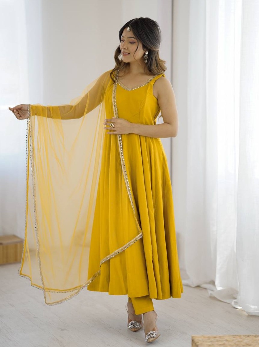 DESIGNER ROMAN SILK CHANDERI FANCY LACE WORK ANARKALI GOWN BOTTOM WITH DUPATTA WEDDING WEAR WHOLESALE PRICE ETHNIC GARMENT (5)