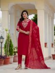 DESIGNER ROMAN SILK CODING EMBROIDERY WITH SEQUENCE WORK TOP BOTTOM WITH DUPATTA RED