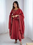 DESIGNER SHIMMER CHANDERI SILK HANDWORK GOWN BOTTOM WITH DUPATTA MAROON