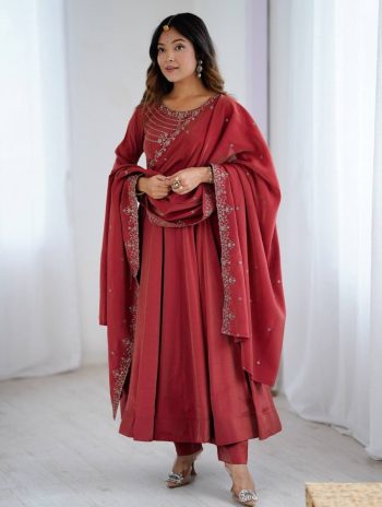 DESIGNER SHIMMER CHANDERI SILK HANDWORK GOWN BOTTOM WITH DUPATTA MAROON