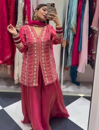 DESIGNER SHIMMER SILK EMBROIDERY WITH HANDWORK TOP PALAZZO WITH DUPATTA PINK