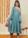 DESIGNER SILK BLEND EMBROIDERY SEQUENCE WORK KID'S GOWN WITH DUPATTA RAMA