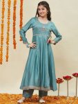 DESIGNER SILK BLEND EMBROIDERY SEQUENCE WORK KID’S GOWN WITH DUPATTA FESTIVE WEAR WHOLESALE PRICE ETHNIC GARMENT (6)