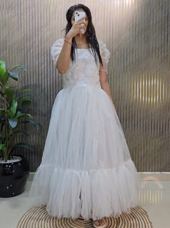 DESIGNER SOFT NET FABRIC WITH DESIGNER NET WORK MIDI DRESS WHITE