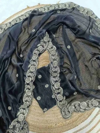 DESIGNER SPACE SILK CODING EMBROIDERY WORK SAREE WITH UNSTITCHED BLOUSE BLACK